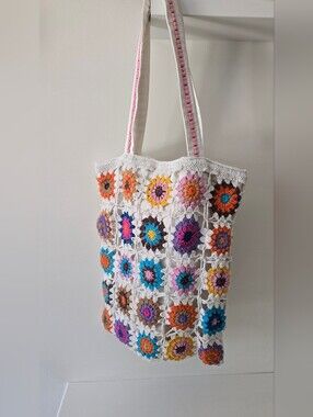 Boho Crochet Granny Square Tote Bag Colorful Floral Shoulder Bag